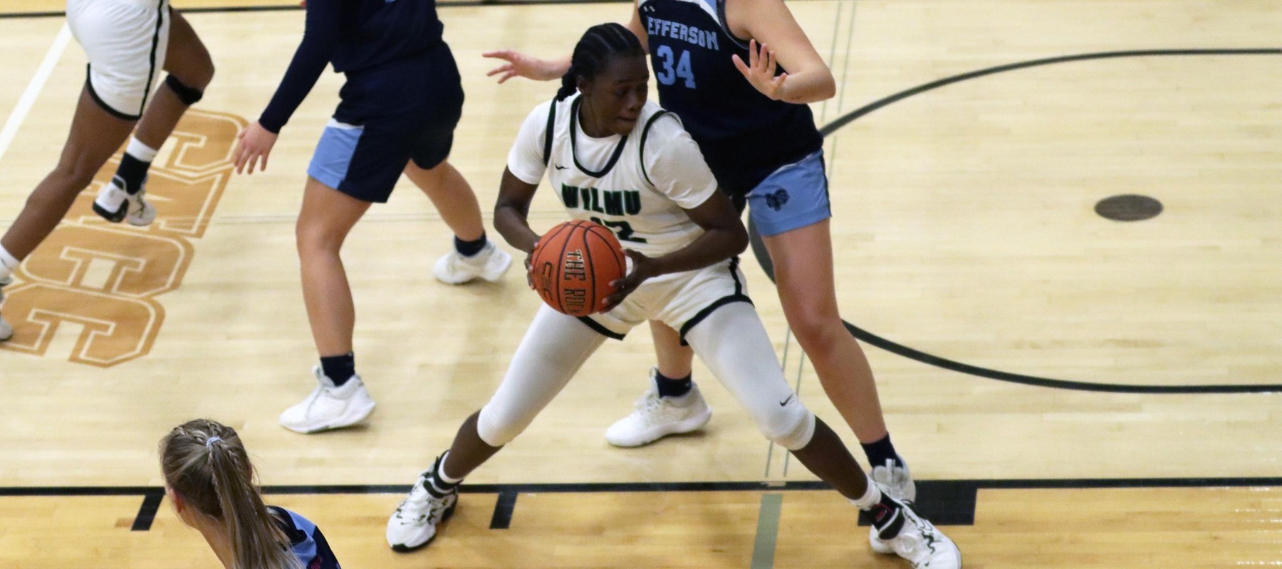 Photo of Fatou Ndao working on the low block against Jefferson on Tuesday night at the WU Athletics Complex. Copyright 2022; Wilmington University. All rights reserved. Photo by Dan Lauletta. December 6, 2022 vs. Jefferson.