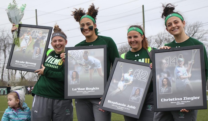 Copyright 2018; Wilmington University. All rights reserved. Photo of the seniors on Senior Day prior to the game against Caldwell. Taken by Frank Stallworth. April 7, 2018.