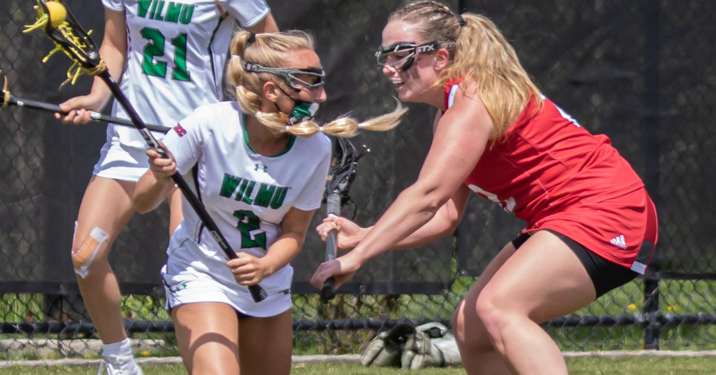 Taylor Lambeth makes a move on her defender on her way to scoring her 100th career goal. Copyright 2021; Wilmington University. All rights reserved. Photo by Stephen Duncan. April 17, 2021 vs. Nyack.