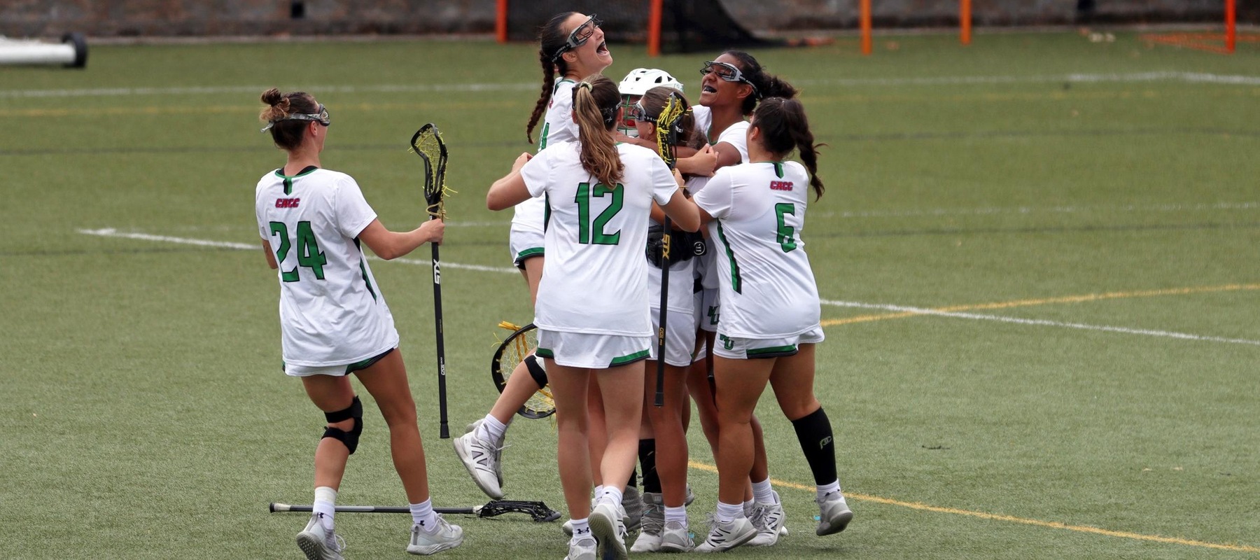 The Wildcats celebrate with their goalkeeper Katie Vindigni after defeating Georgian Court for the first time since 2007. Copyright 2023; Wilmington University. All rights reserved. Photo by Dan Lauletta. April 29, 2023 vs. Georgian Court.