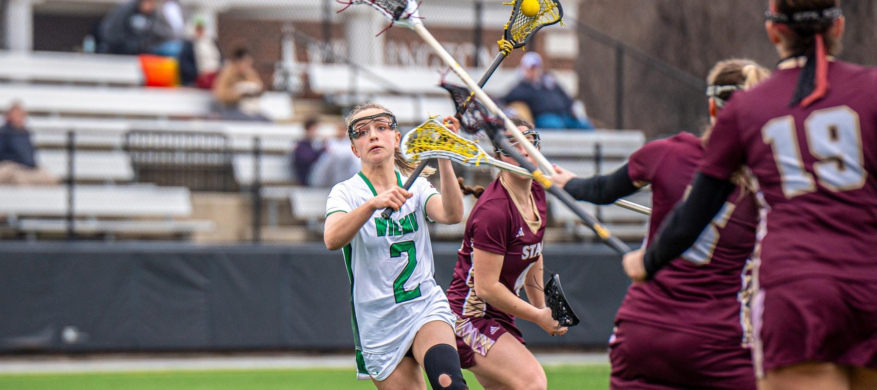Photo of Ella Royer scoring one of her six goals against St. Thomas Aquinas. Copyright 2024; Wilmington University. All rights reserved. Photo by Giovanni Badalamenti. February 23, 2024 vs. St. Thomas Aquinas.