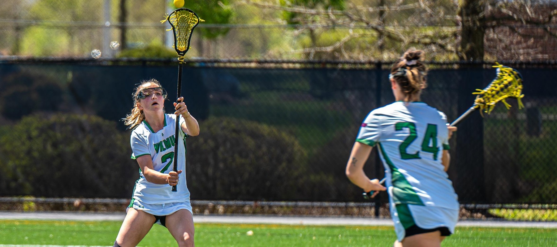 File photo of Ella Royer and Makenzie Stritzinger who led the Wildcats with five goals each at Holy Family. Copyright 2024; Wilmington University. All rights reserved. Photo by Giovanni Badalamenit. April 14, 2024 vs. Dominican.