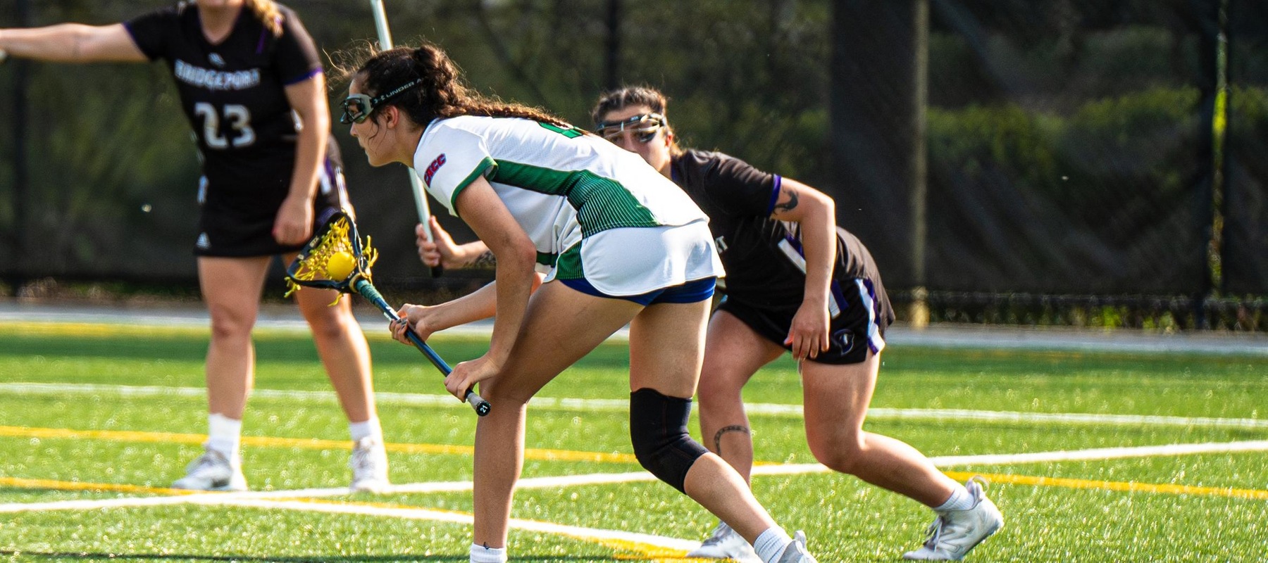 Photo of Amelie Gamache who scored five goals against Bridgeport. Copyright 2-24; Wilmington University. All rights reserved. Photo by Giovanni Badalamenti. April 29, 2024 vs. Bridgeport in CACC Tournament.