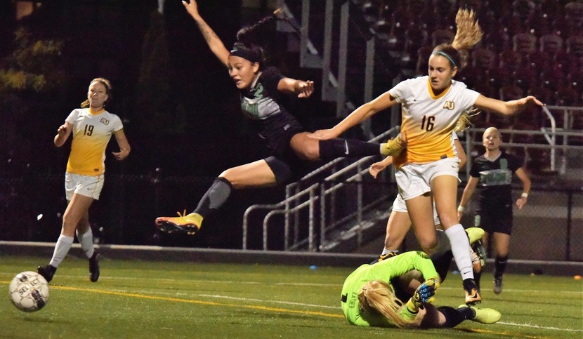 Copyright 2017; Wilmington University. All rights reserved. Photo of Jessica Unsihuay's goal from Preslie Quaranta at Adelphi, taken by James Jones.