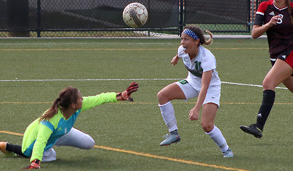 Copyright 2017; Wilmington University. All rights reserved. Photo of Loran Wyrough about to be fouled in the box, leading to her third goal against Dominican, taken by Brett Heath.