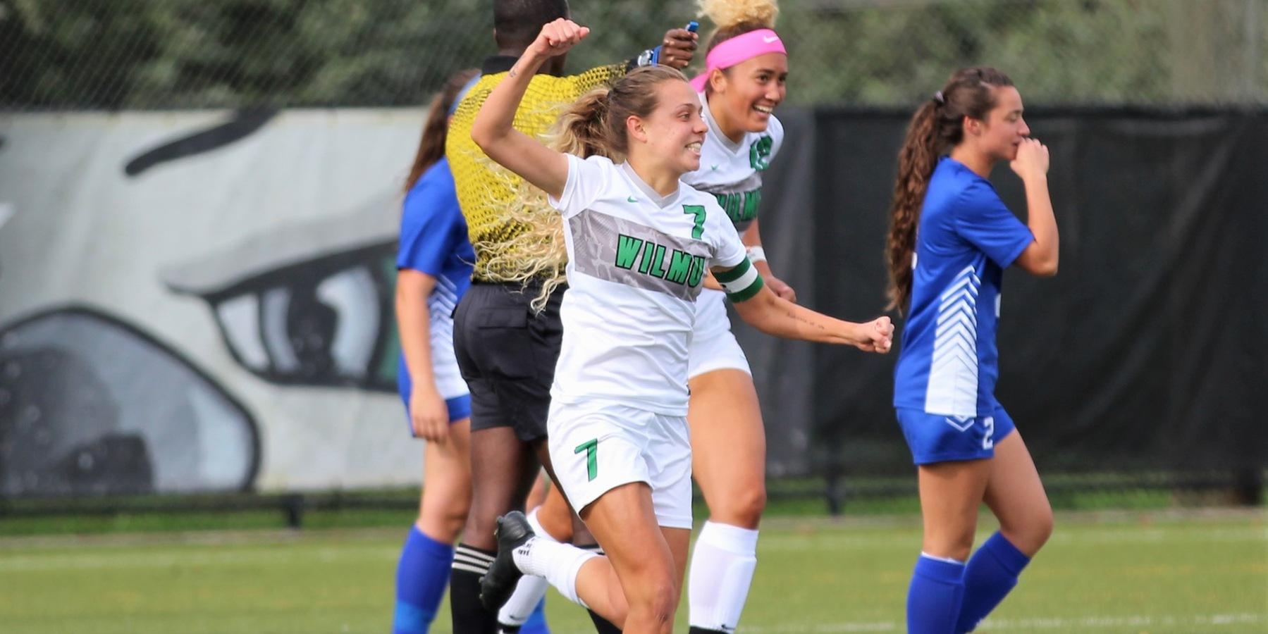 Copyright 2018; Wilmington University. All rights reserved. Photo of Rebecca Dolhansky following her goal in the fifth minute against Georgian Court. Photo by Keara McCarthy. October 16, 2018 vs. Georgian Court.