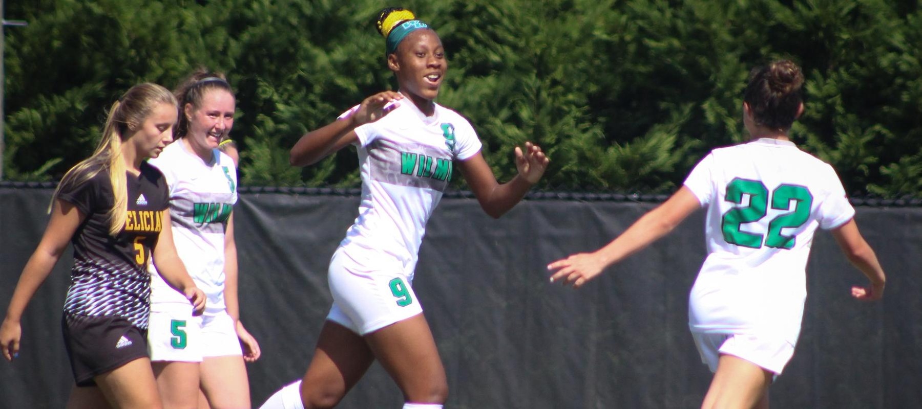 Wilmington University’s Rockesha Dayes (9) celebrates with Justine Sommer (20) after scoring a goal against Felician College during their NCAA division II soccer match at the Wilmington University sports complex, Saturday September 21, 2019. Photo by Julius Mickens.