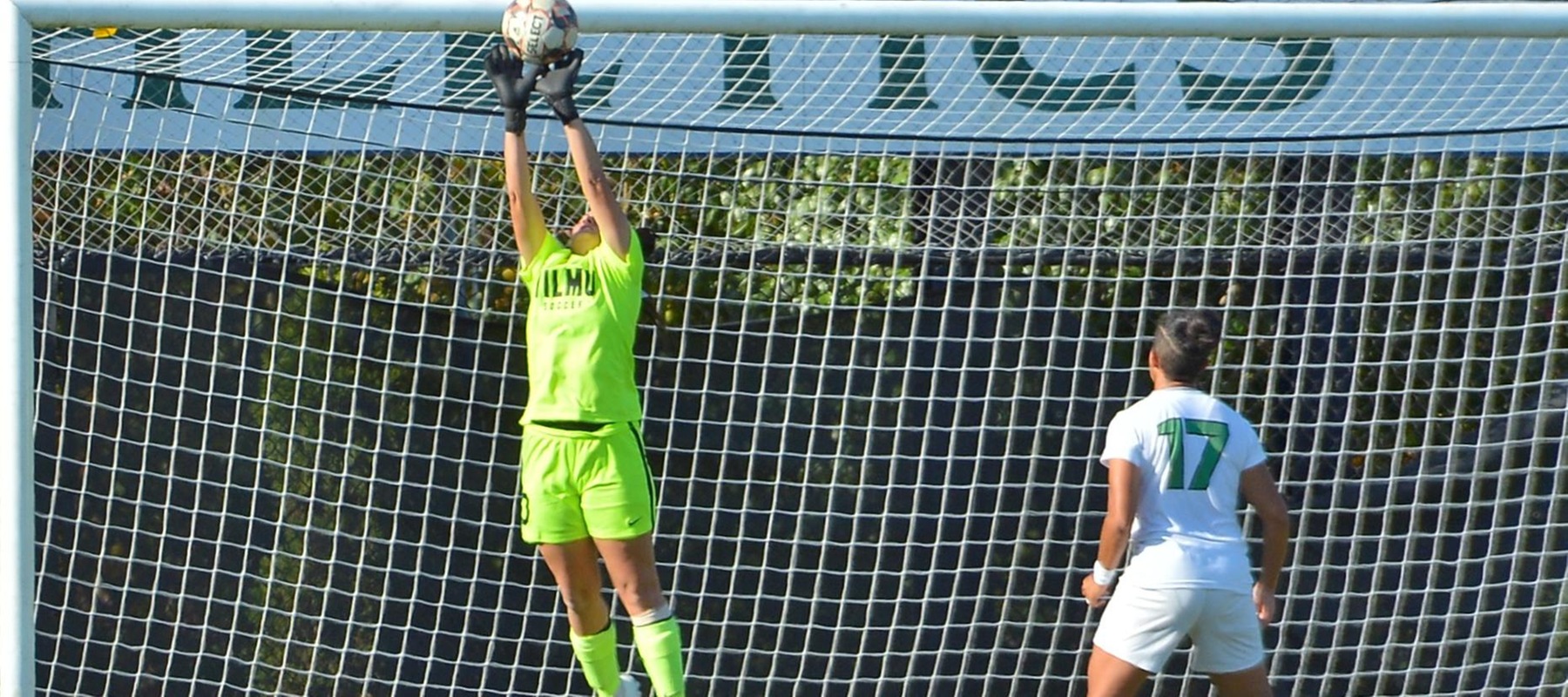 File photo of Emily Camp who made 13 saves at Bentley. Copyright 2019; Wilmington University. All rights reserved. Photo by James Jones. October 15, 2019 vs. Jefferson.