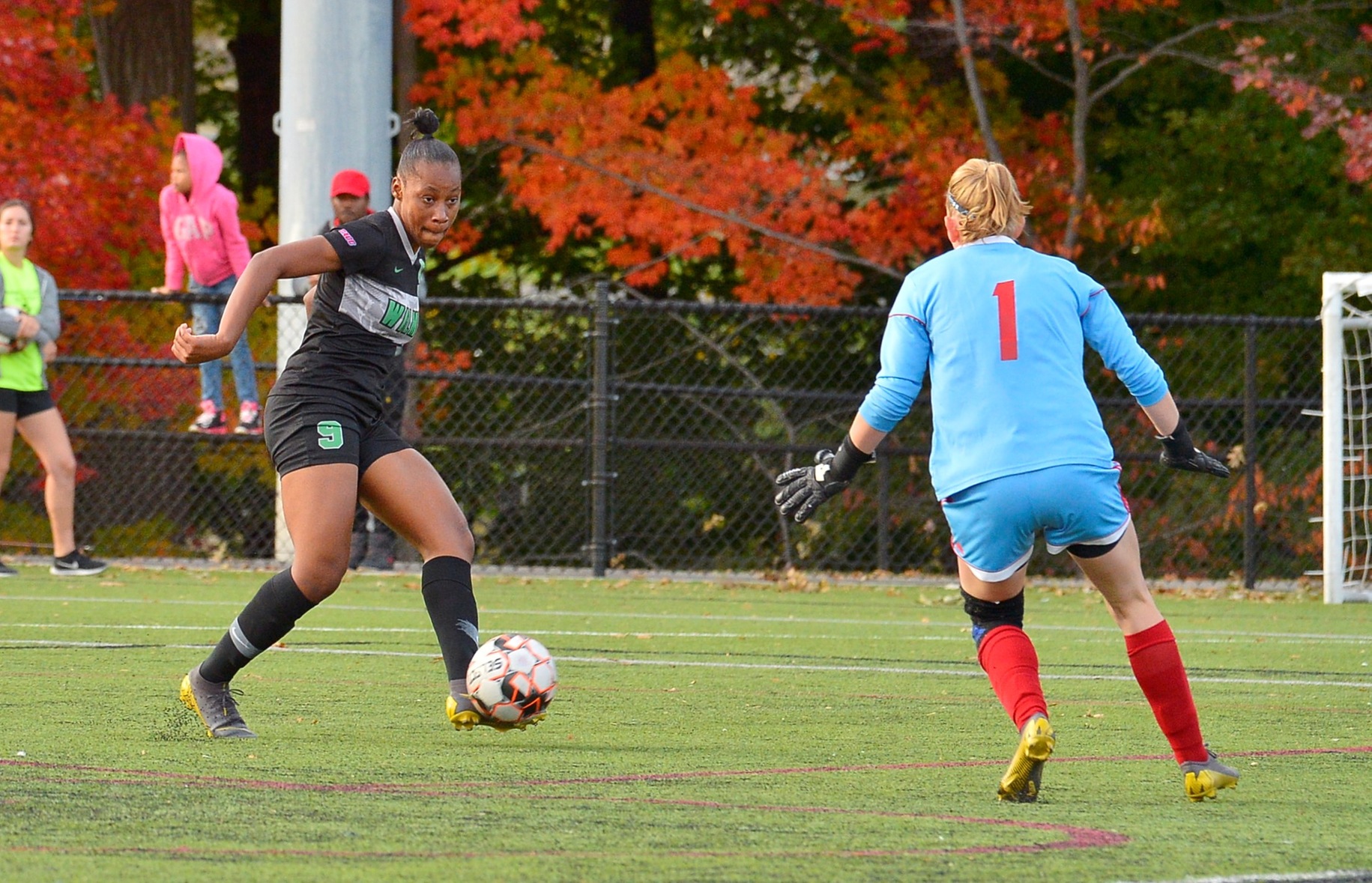 Photo of Rockesha Dayes scoring the game-winner in the 85th minute. Copyright 2019; Wilmington University. All rights reserved. Photo by James Jones. October 26, 2019 at Nyack.