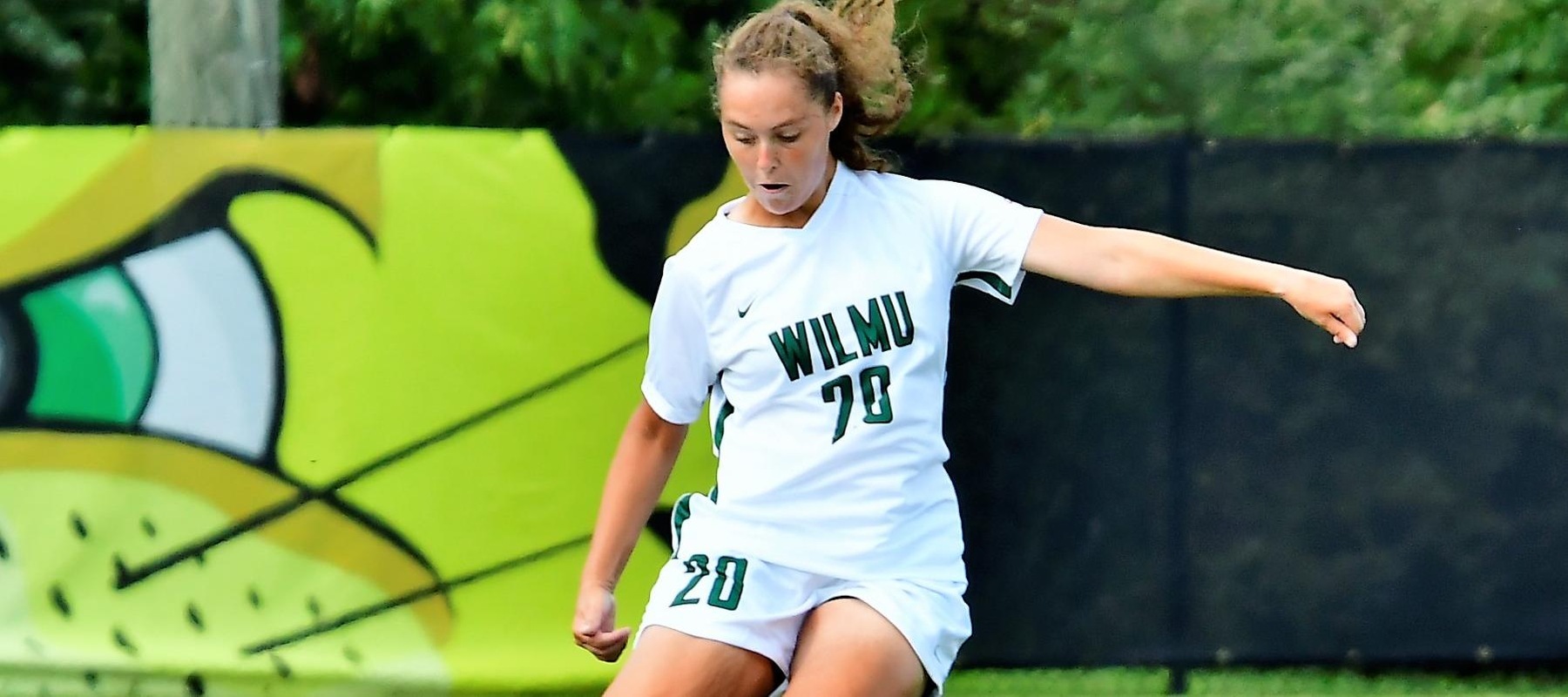 File photo of Samantha Emmi who's two free-kicks led to both goals at Mercy. Copyright 2021; Wilmington University. All rights reserved. Photo by James Jones. September 21, 2021 vs. Molloy
