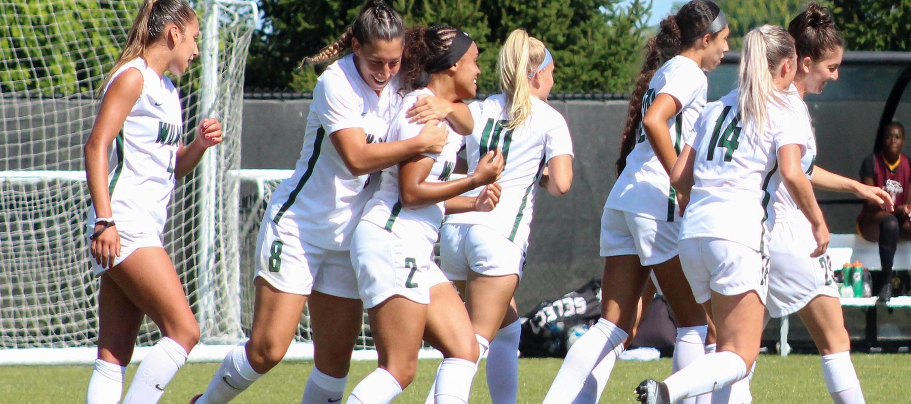 Wilmington University player Emily Navarrete (8) celebrating after scoring against  Bloomfield during their NCAA Women?s soccer match at the Wilmington University sports facility in Newark, Delaware September 25, 2021
April Doyle Photo