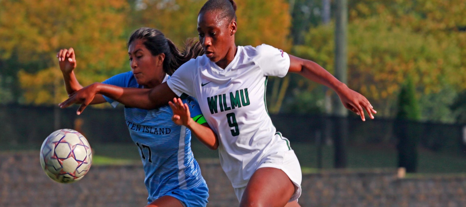Wilmington University Players: Rochesha Dayes (9) competing for the ball while playing College of Staten Island: Angie Galan (17) during their NCAA womans soccer match at the Wilmington University sports facility in Newark, Delaware, October 14, 2021

Chris Rifon Photo