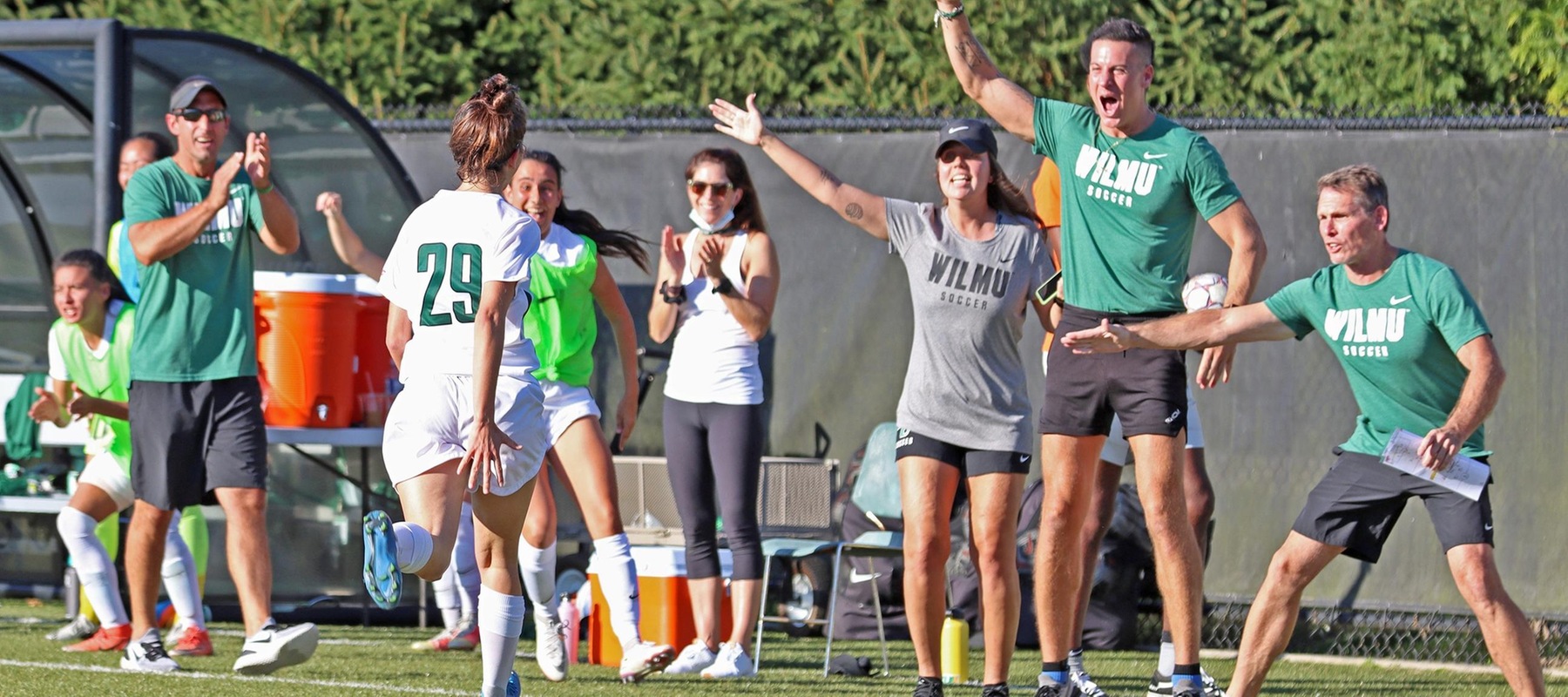 The bench reacts after Jimena Garcia Risoto (29) scored to give the Wildcats a 2-0 lead against Holy Family. Copyright 2021; Wilmington University. All rights reserved. Photo by Trudy Spence. October 20, 2021 vs. Holy Family.