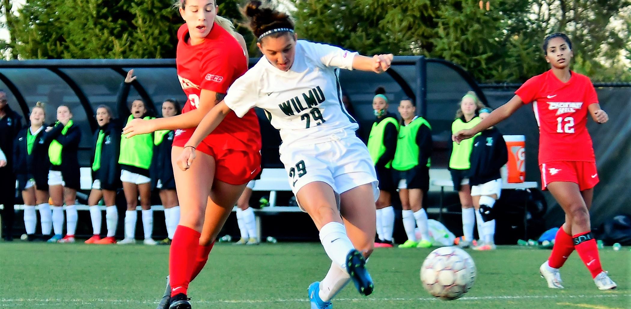 File photo of Jimena Garcia Risoto who recorded a hat trick in the CACC Tournament Semifinals. Copyright 2021; Wilmington University. All rights reserved. Photo by James Jones. November 3, 2021 vs. Chestnut Hill.