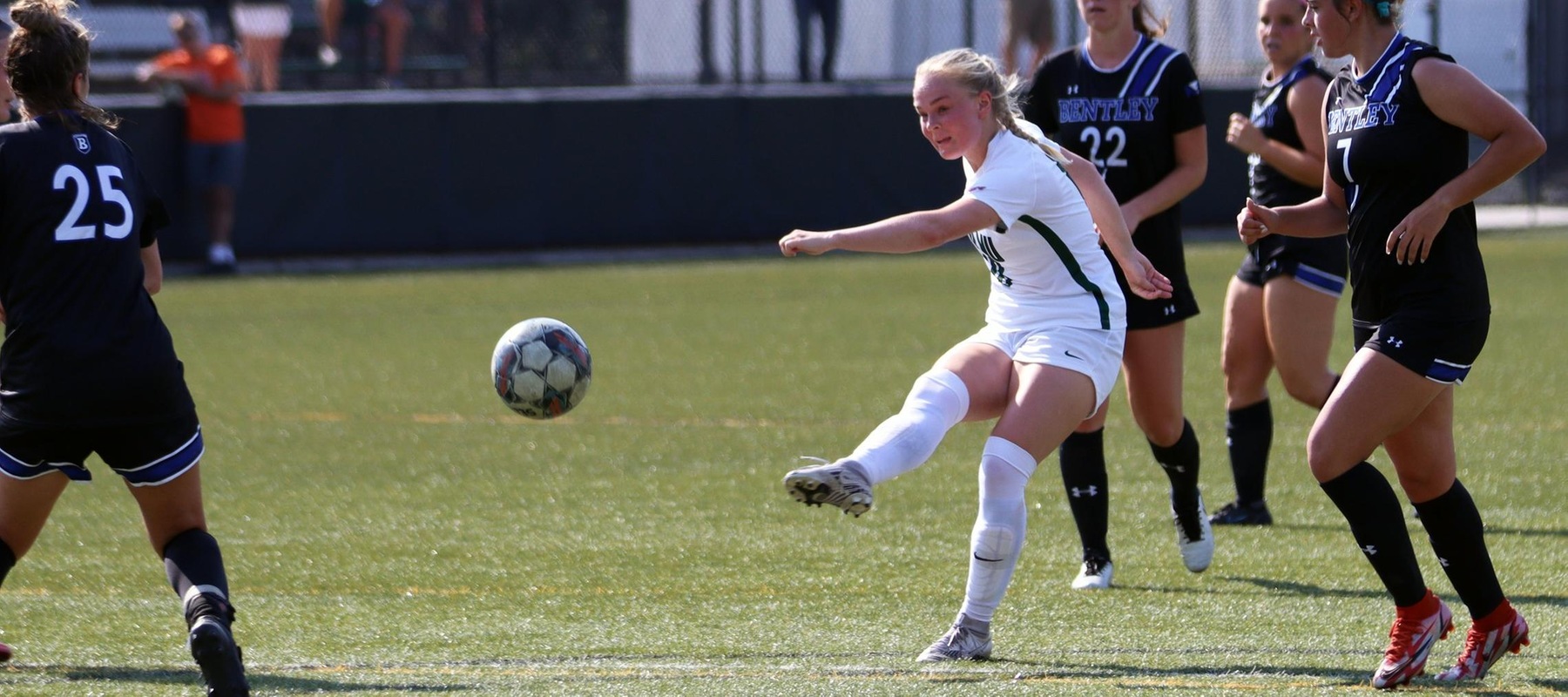Photo of Emilie Larsen with a shot against Bentley, she would score the lone goal in the 1-1 tie. Copyright 2022; Wilmington University. All rights reserved. Photo by Dan Lauletta. August 26, 2022 v. Bentley.