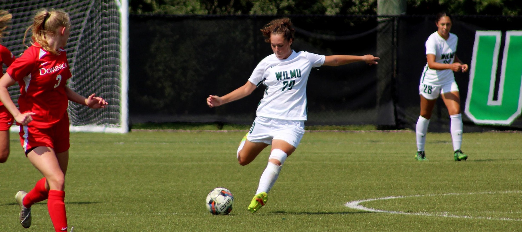 File photo of Samantha Emmi who scored her 5th goal of the year at Bridgeport. Wilmington University’s Samantha Emmi (20) kicks the ball away from Dominican University during their NCAA women's soccer match at the Wilmington University sports complex in Newark, Delaware, September 21, 2022. Photo by Alexa Coney