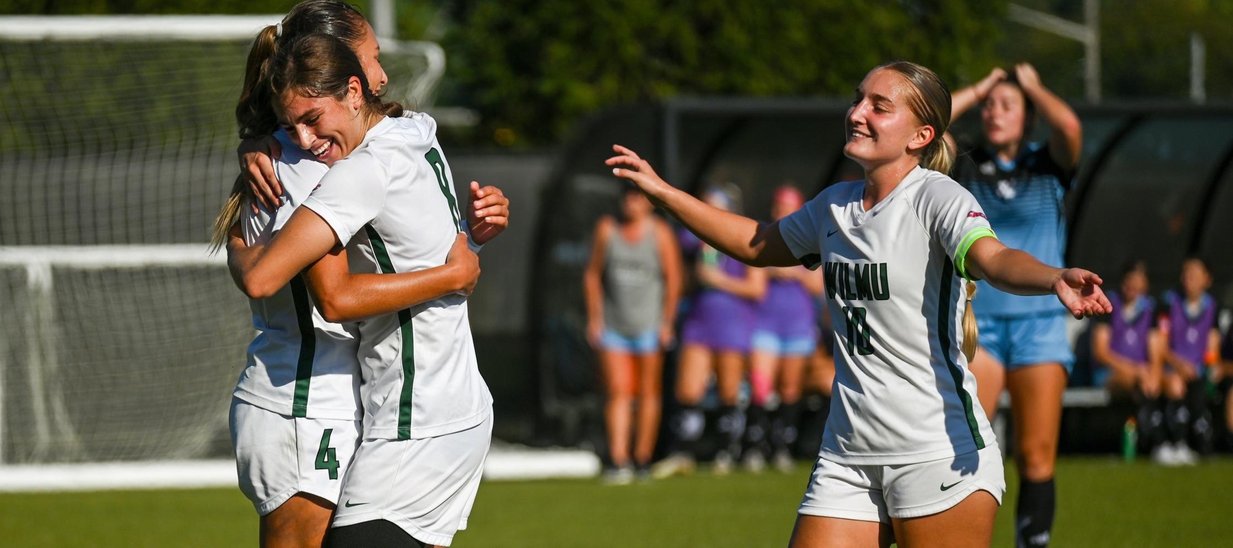 Wilmington University players celebrate after a goal made by Manuela Restrepo (#4) during their NCAA Women’s soccer match at the Wilmington University Sports Complex in Newark, Delaware, October 3, 2023. Photo by Arlene Coseglia