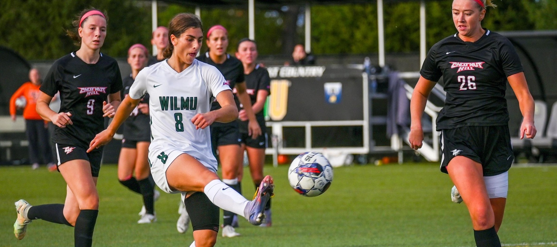 File photo of Alyssa Ruggero who scored twice at Mercy. Wilmington University’s Alyssa Ruggeri (#8) attempts to score against Chestnut Hill College during their NCAA Women’s soccer match at the Wilmington University Sports complex in Newark, Delaware, October 17, 2023 . Photo By Arlene Coseglia