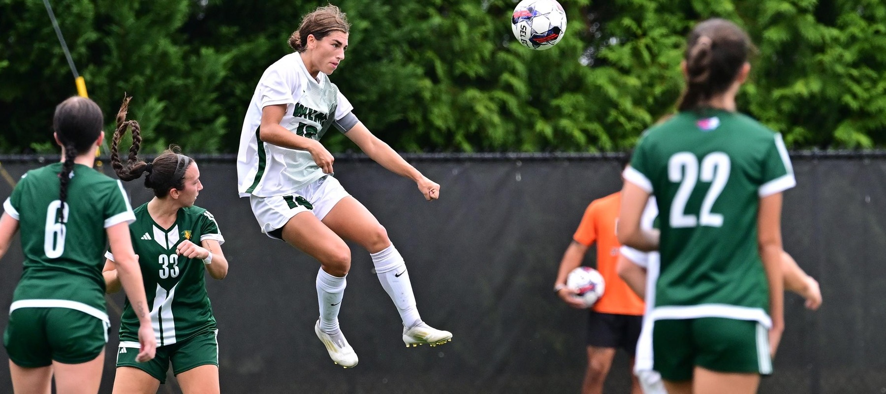 File photo of Alyssa Ruggeri who headed home a goal against Jefferson. Alyssa Ruggeri (18) heads the ball during their NCAA Woman’s soccer match at the Wilmington University Sports complex in Newark, Delaware, September 28, 2024 . Photo By David Reeder.