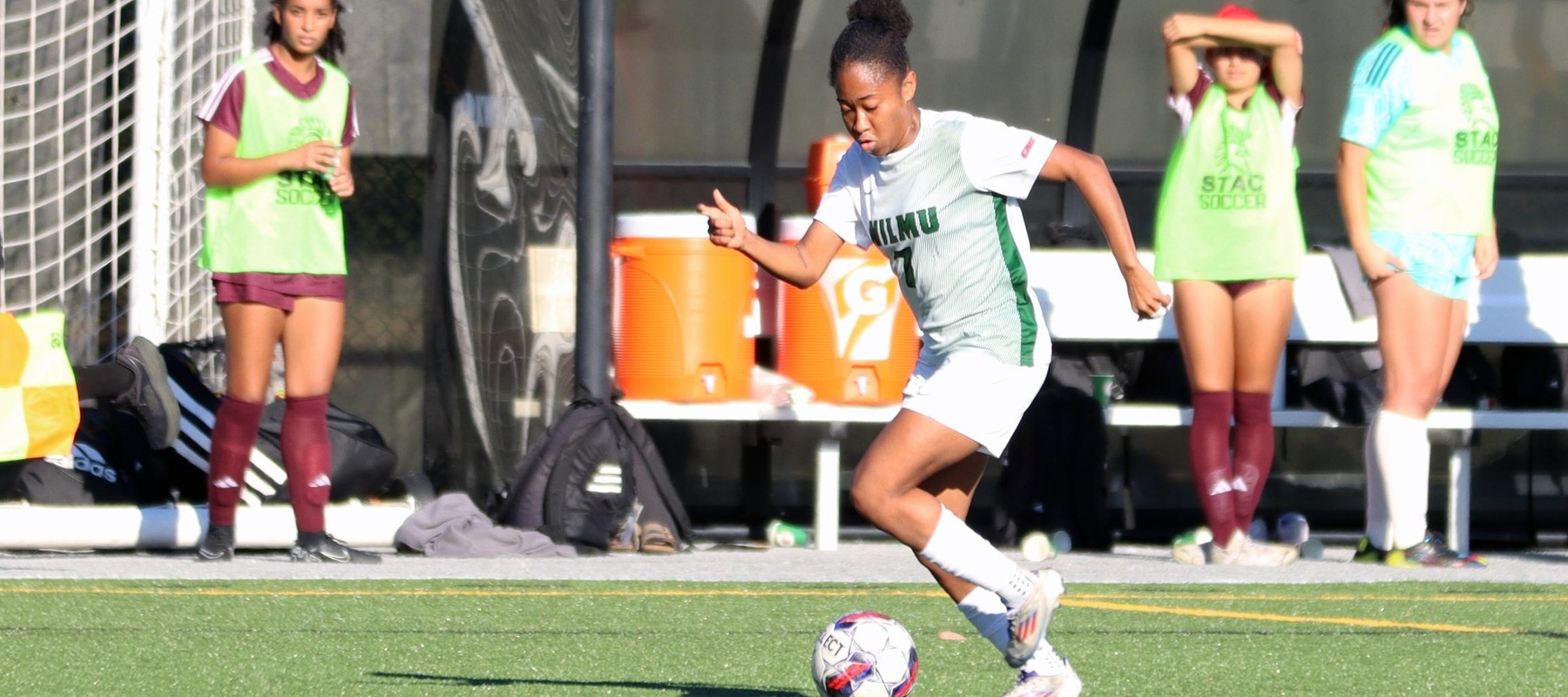 File photo of Evelyn Payne who scored both goals in a 2-1 win at Bridgeport. Copyright 2024; Wilmington University. All rights reserved. Photo by Dan Lauletta. October 23, 2024 vs. St. Thomas Aquinas.