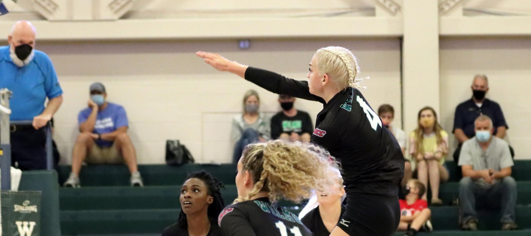Photo of Mandy Behiels putting down one of her 16 kills against Franklin Pierce. Copyright 2021; Wilmington University. All rights reserved. Photo by Dan Lauletta. September 10, 2021.