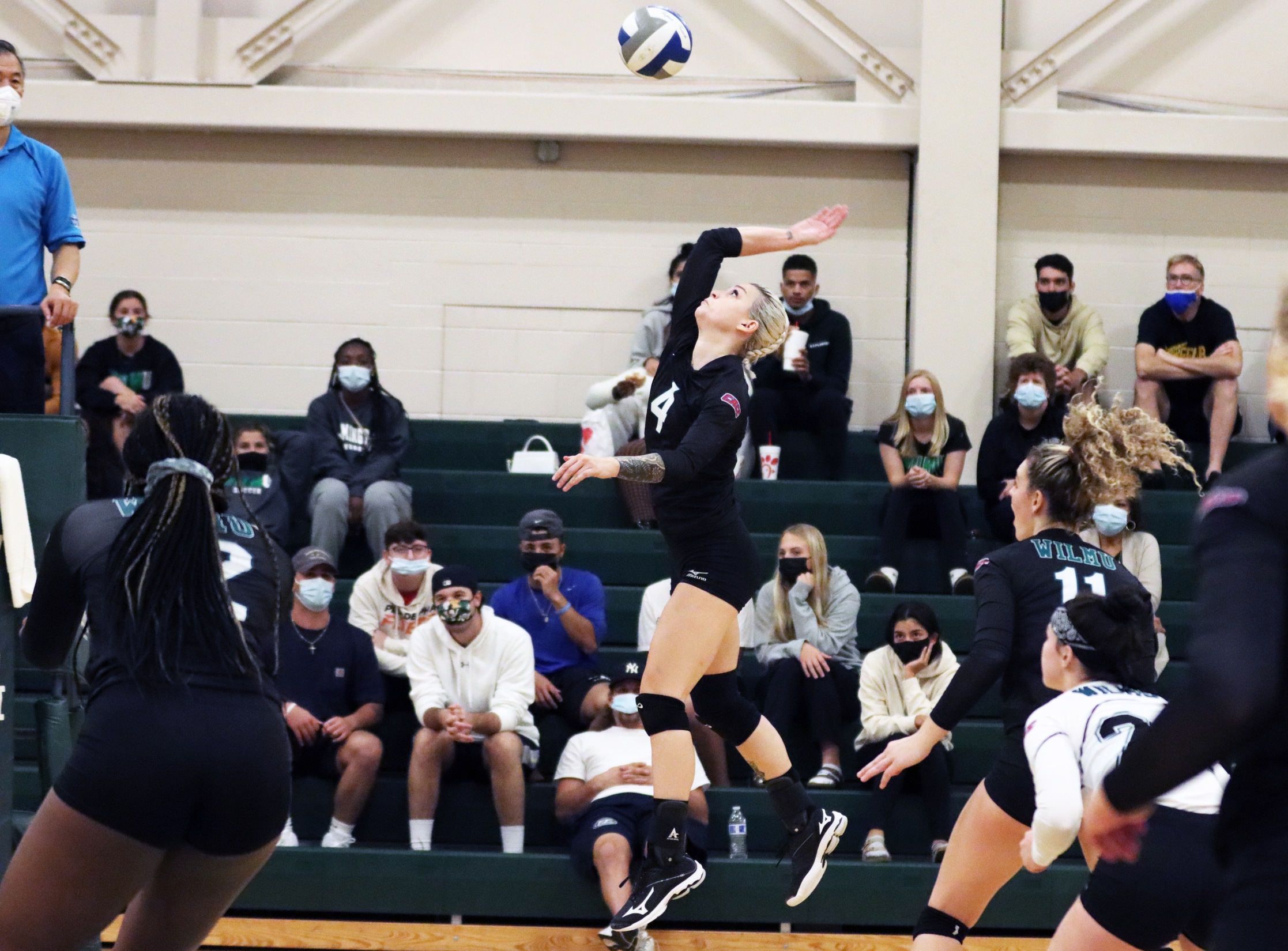 Photo of Mandy Behiels putting down one of her 10 kills against USciences. Copyright 2021; Wilmington University. All rights reserved. Photo by Dan Lauletta