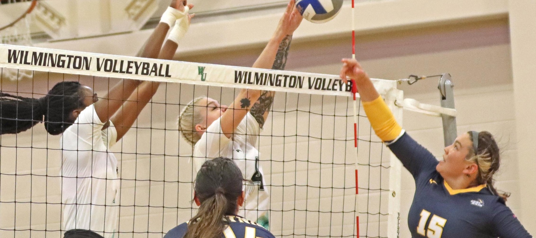 The Wildcats had 21 total blocks in a 3-2 comeback victory at Georgian Court. Copyright 2021; Wilmington University. All rights reserved. Photo by Trudy Spence. September 25, 2021 vs. Goldey-Beacom.