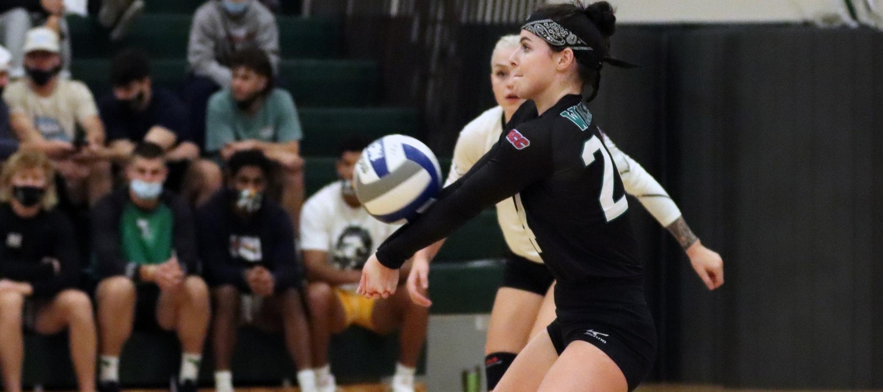File photo of Elly Collins who picked up 28 digs at Jefferson. Copyright 2021; Wilmington University. All rights reserved. Photo by Dan Lauletta. October 23, 2021 vs. Millersville
