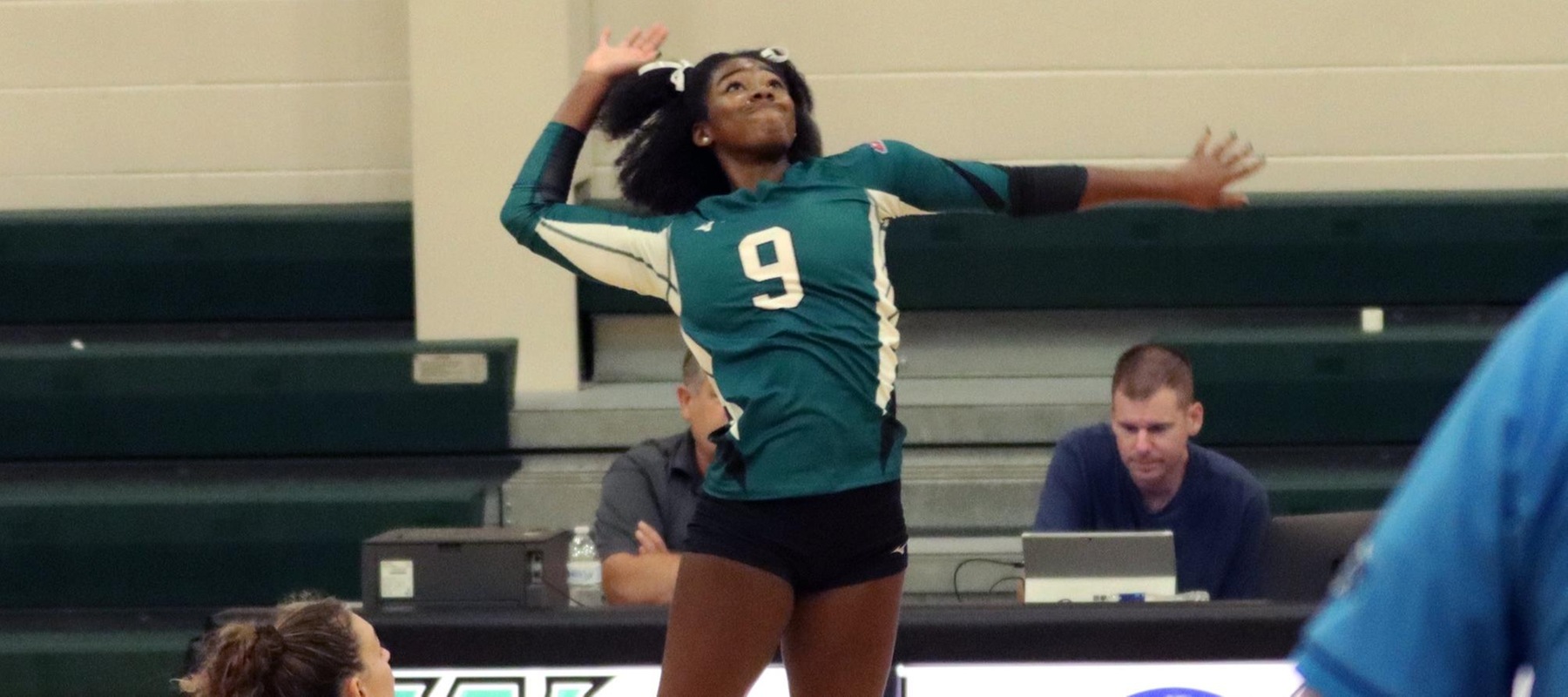 File photo of Cailyn Smiley who had 14 kills against Adelphi and 10 kills against Daemen on Friday. Copyright 2023; Wilmington University. All rights reserved. Photo by Dan Lauletta. September 9, 2023 vs. Molloy.
