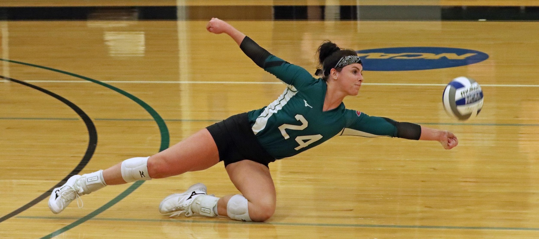 Photo of Elly Collins picking up a dig and sending it over the net for a kill all in one motion against West Chester on Wednesday. Copyright 2023; Wilmington University. All rights reserved. Photo by Dan Lauletta. September 27, 2023 vs. West Chester.