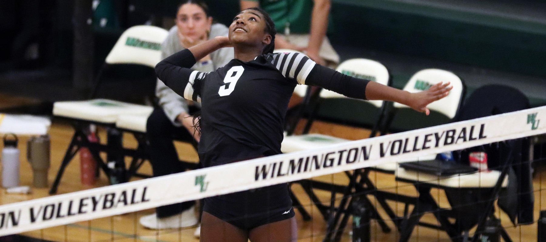 Freshman Cailyn Smiley had 12 kills and hit .310 in the First Round at Felician. Copyright 2023; Wilmington University. All rights reserved. Photo by Dan Lauletta. October 22, 2023 at CACC Championships on Belmont Plateau.