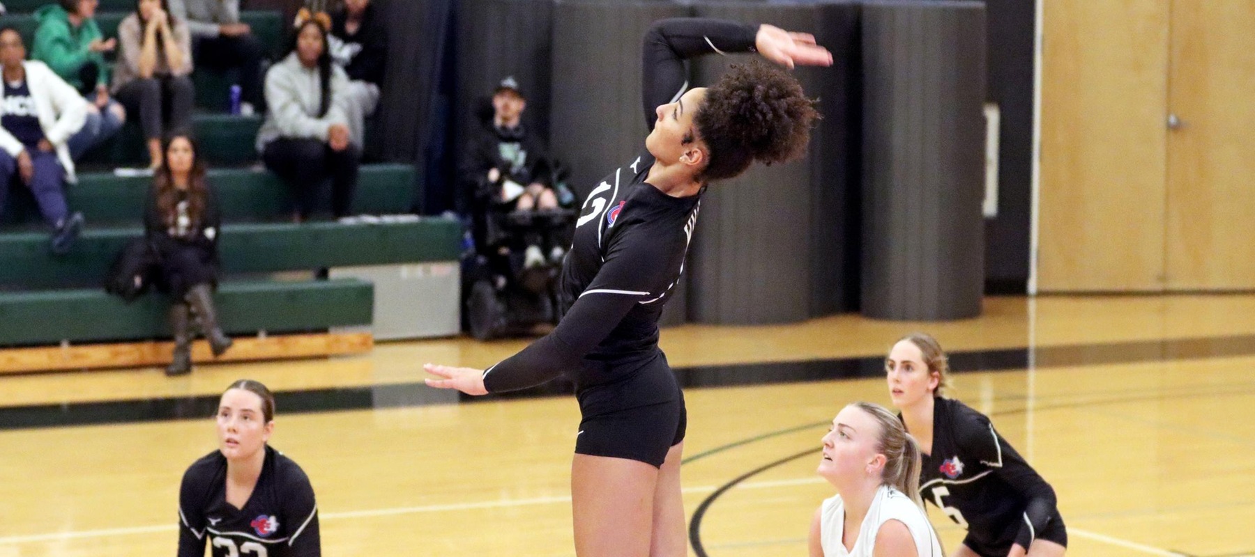 File photo of Eliza Schneider who had 15 kills and seven digs against Dominican. Copyright 2024; Wilmington University. All rights reserved. Photo by Dan Lauletta. October 30, 2024 vs. Jefferson.