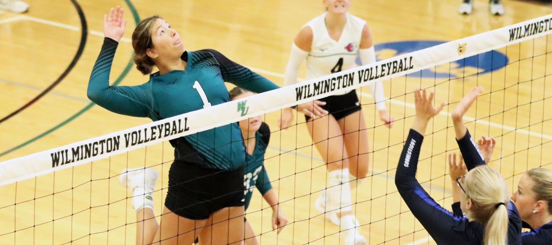 Photo of Alex Serna who had eight kills and seven blocks against SCSU and seven kills and four blocks against Shepherd. Copyright 2024; Wilmington University. All rights reserved. Photo by Dan Lauletta. September 14, 2024 vs. SCSU.