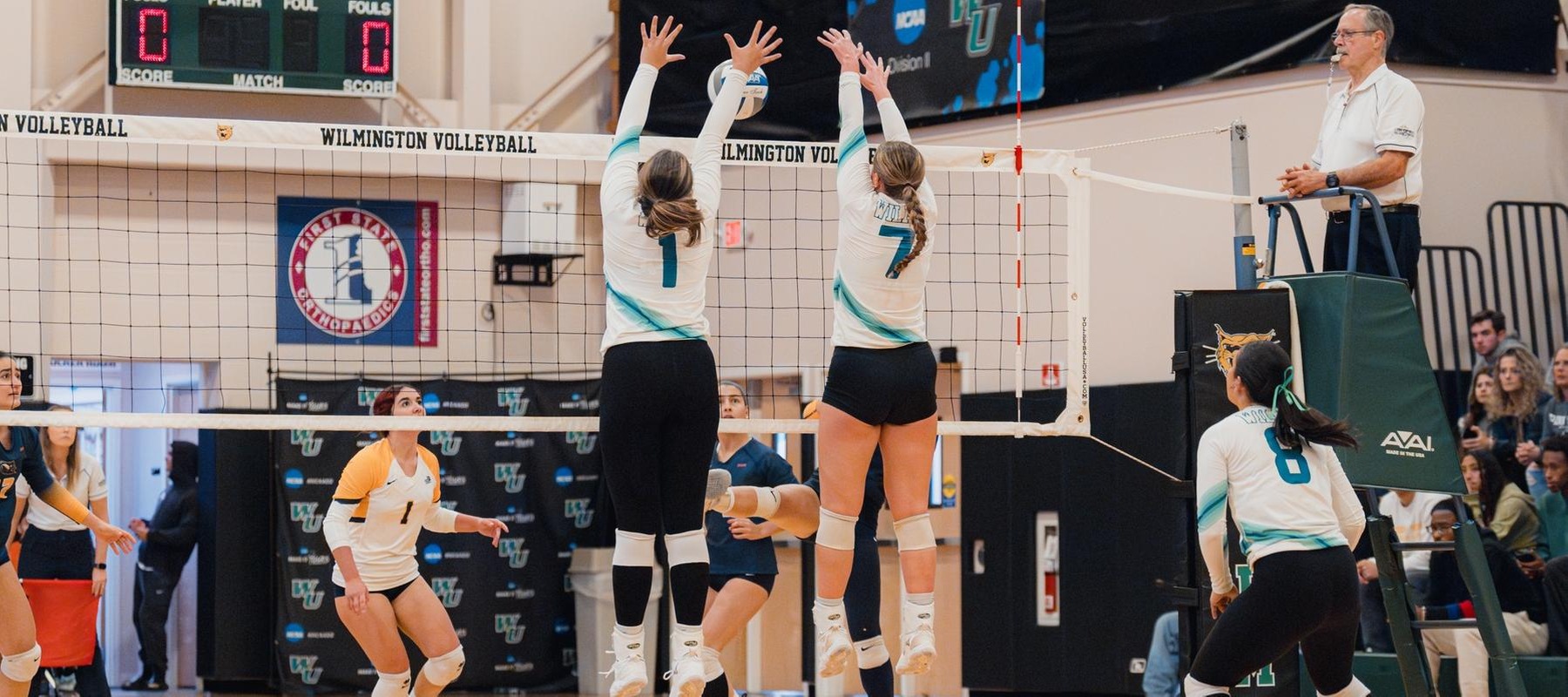 Photo of Alex Serna (1) and Karalyn Osborne (7) who both had double digit blocks on Saturday. Serna set a new program record with 15 total blocks. Copyright 2024; Wilmington University. All rights reserved. Photo by Brian Hoang. November 116, 2024 vs. Goldey-Beacom.